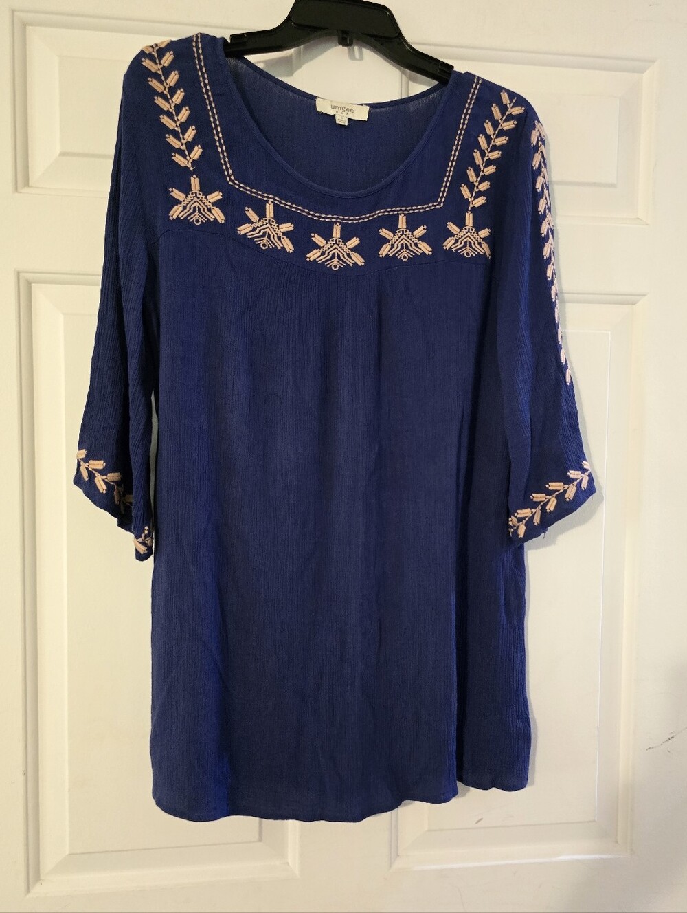 Umgee Navy Blue Tunic with Cream Embroidery